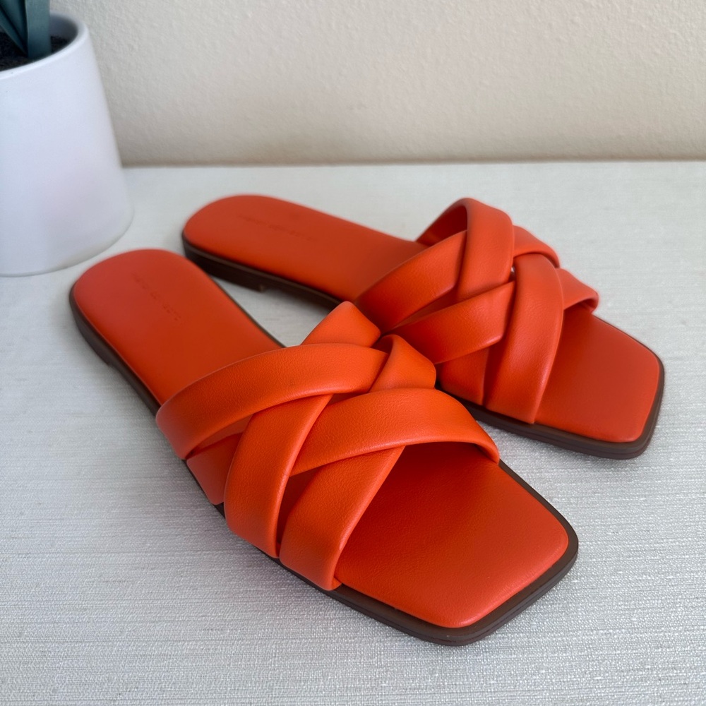 New French Connection Orange Strappy Faux Leather Slides Sandals Women’s 8